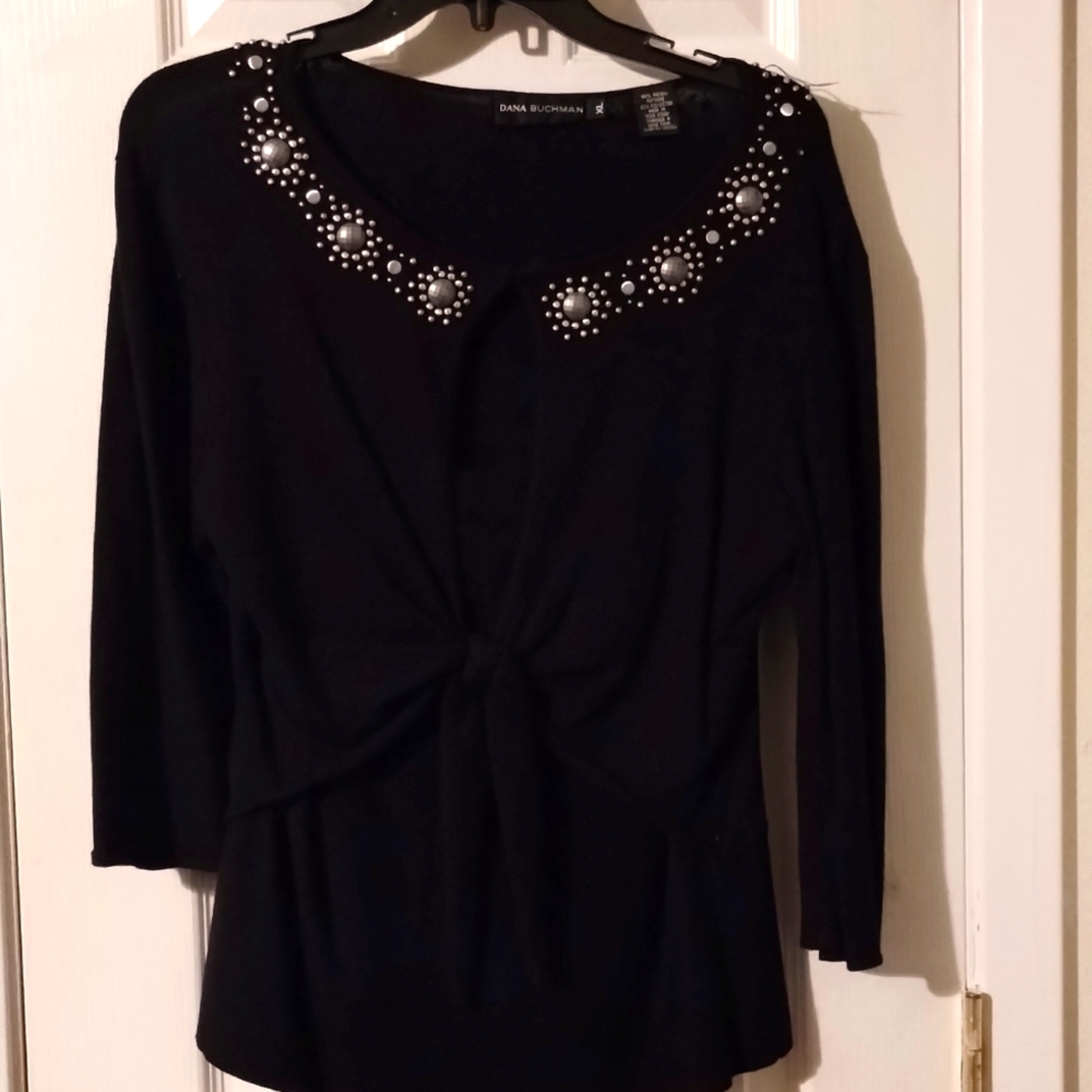 Black Sweater with round beaded neck line, 3/4 sleev size XL, Dana Buchman brand